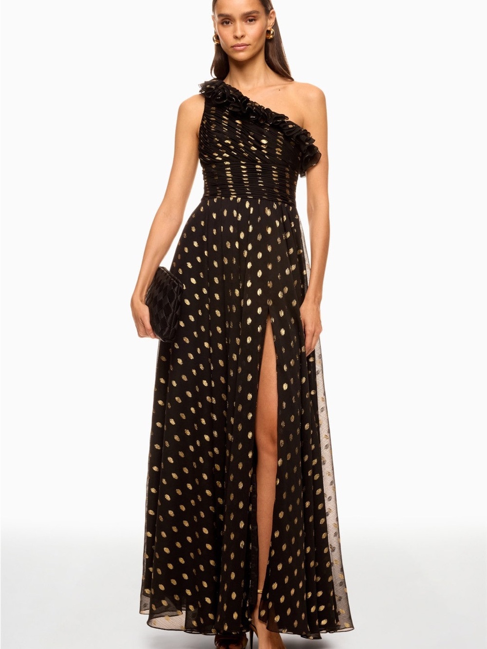One-Shoulder Black Dress with Gold Polka Dot Accents